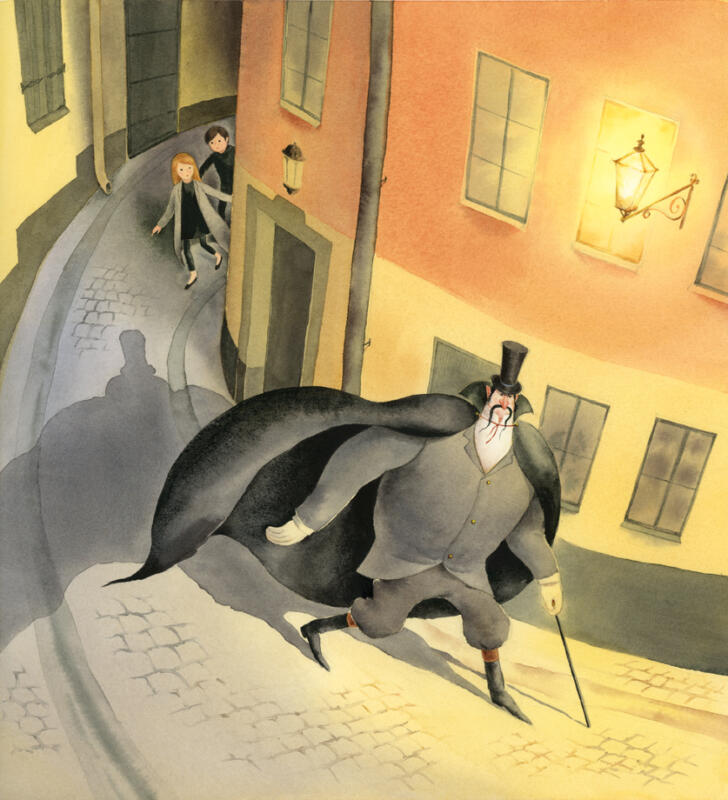 Watercolour illustration of children following a strange cirkus master through a narrow cobblestone street in Stockholm.