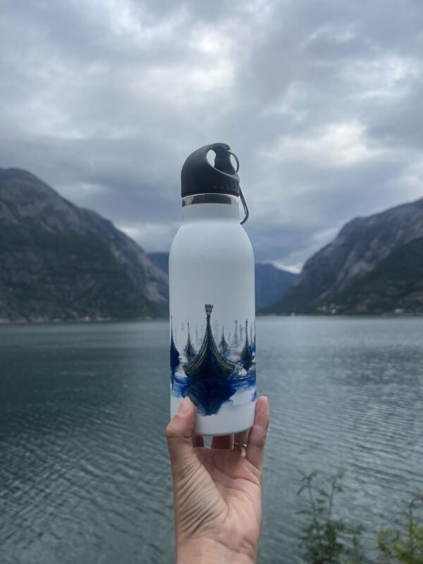 Picture of a dringking botten with Viking ships on it. Photographed in the norwegian mountains
