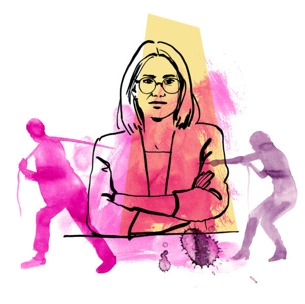 Illustration i akvarell och tuschpenna av en stark kvinna som står stadigt när personer drar i henne åt olika håll
