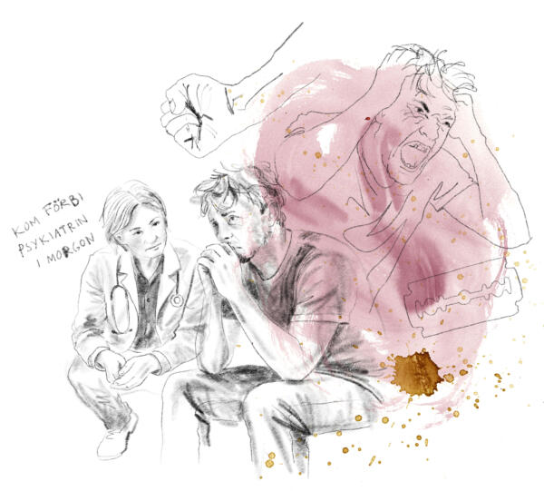 Illustration i blyerts av en man med psykisk ohälsa och en kvinnlig lägare som lyssnar på honom.