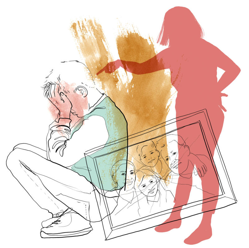 Illustration av en vuxen kina som skäller på en ledsen pojke. Illustrationen är målad i akvarell och tuschpenna.
