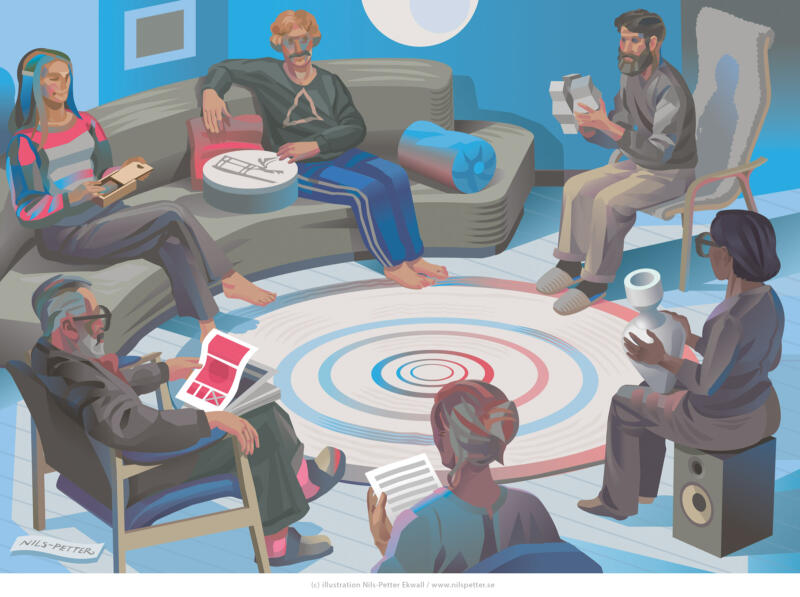 Full illustration by Swedish illustrator Nils-Petter Ekwall of a study circle with students and researchers gathered around a table discussing ideas in an academic setting 