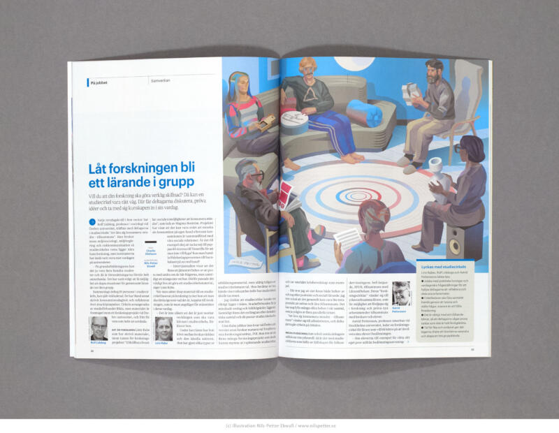 Magazine spread featuring the illustration of students and researchers in a study circle focused on education and collaboration.