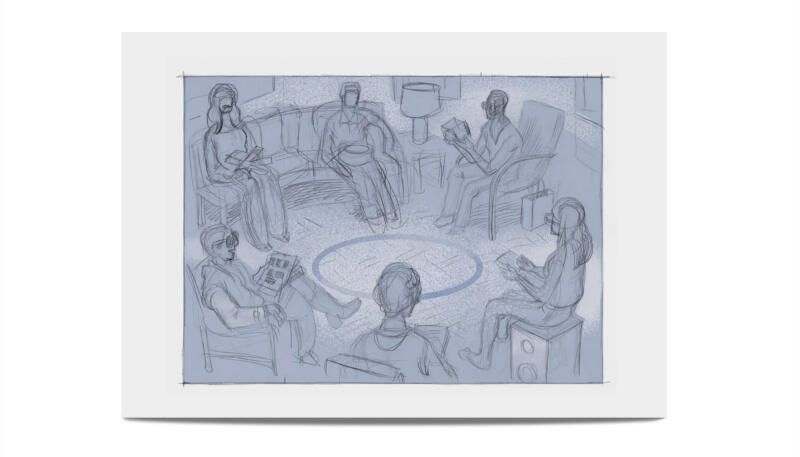 Sketch for an illustration depicting students and researchers in a study circle, showing early concept development of an academic scene.