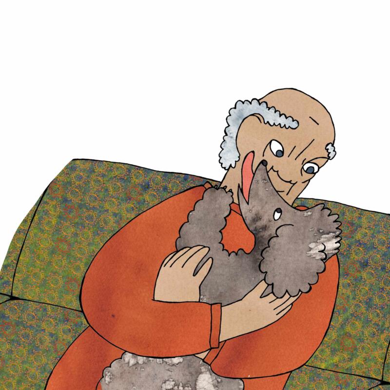 Akvarell med en äldre man i röd tröja som har sin snälla hund i famnen. Hunden slickar honom på näsan, det är en puss. Mannen har blivit gammal och skruttig men han har sin hund, det är bra. 