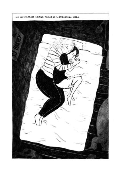 Sida ur serieromanen Hunger. Svartvit bild som föreställer två kvinnor i en säng, den vuxna kvinnan håller om den yngre.