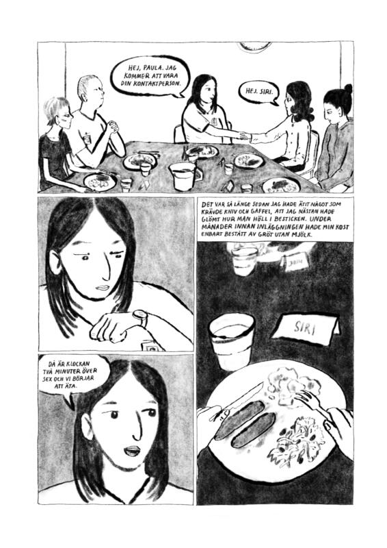 Sida ur serieromanen Hunger. Svartvit bild som föreställer patienter och personal som pratar med varandra och äter på en ätstörningsavdelning.