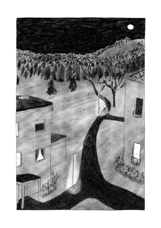 Sida ur serieromanen Hunger. Svartvit bild där vi i förgrunden ser ett bostadsområde, och i bakgrunden en skog. På en liten väg som löper mot skogen springer en någon under gatlyktans sken.