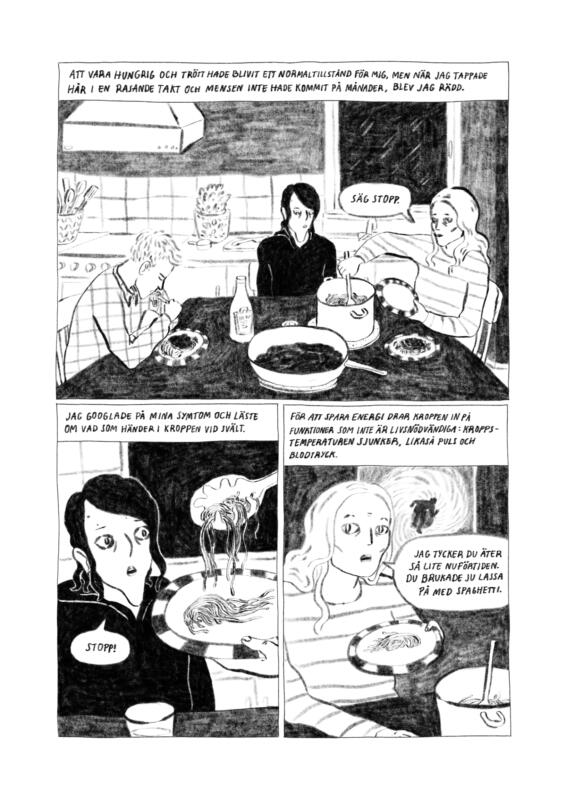 Sida ur serieromanen Hunger. Svartvit bild som föreställer en familj vid middagsbordet.