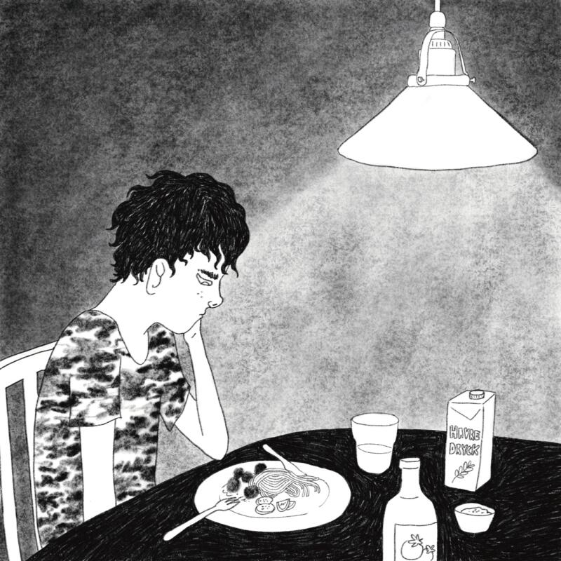 Illustration till Uppdrag Ätstörning. En ung kille sitter vid ett köksbord och tittar på maten på sin tallrik. Han vilar huvudet i ena handen och ser fundersam/motvillig ut.
