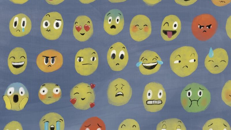 Illustration i digital teknik som imiterar akvarell. Bilden är gjord för ett projekt inom vården. Bilden föreställer en mängd emojis med olika känslouttryck.