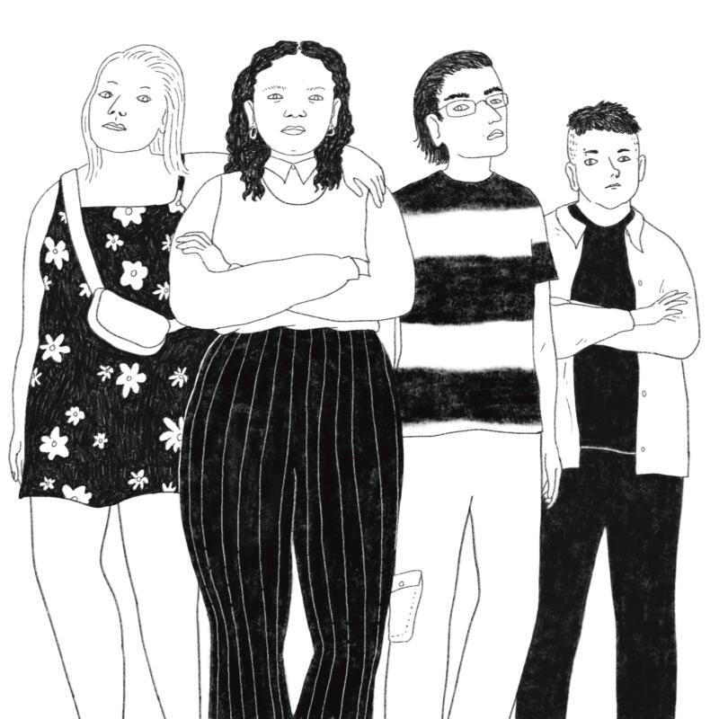Illustration till Uppdrag Ätstörning. Ett gäng ungdomar står bredvid varandra och möter självsäkert betraktarens blick. En tjej håller armen om tjejen intill. 