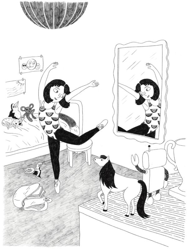 Illustration till barnboken Matilda och den förfärlige Florian, föreställande en flicka som dansar och studerar sig själv i spegeln i ett barnrum.