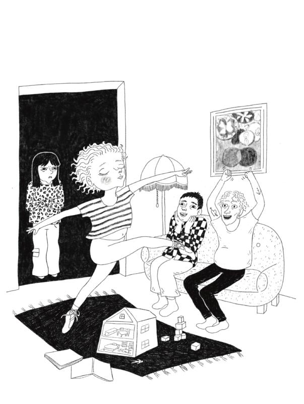 Illustration till barnboken Matilda och den förfärlige Florian, föreställande en pojke som dansar balett inför sina föräldrar i vardagsrummet. Föräldrarna ser begeistrade ut. I bakgrunden står en flicka och ser arg ut.
