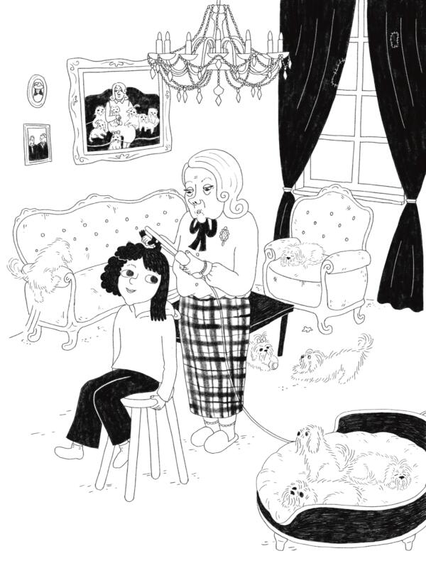 Illustration till barnboken Matilda och den förfärlige Florian, föreställande en flicka som får sitt hår lockat av en äldre dam. I bakgrunden finns ett gäng små hundar, de sover, leker och hittar på bus.