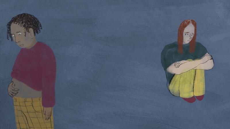 Illustration i digital teknik som imiterar akvarell. Bilden är gjord för ett projekt inom vården. I ena hörnet sitter en ungdom hopkrupen med armarna i kors och sneglar bekymrat åt höger. I andra hörnet står en ungdom och håller handen på sin mage samtidigt som hen ser lite ledsen ut.
