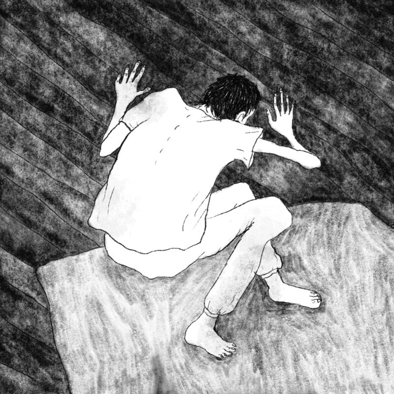 Illustration till Uppdrag Ätstörning. En mager person ligger hopkrupen på golvet och ser ut att försöka ta sig upp.