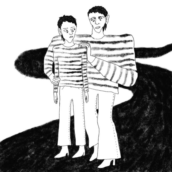 Illustration till Uppdrag Ätstörning. En större person vägleder en mindre person fram på en ringlande väg.