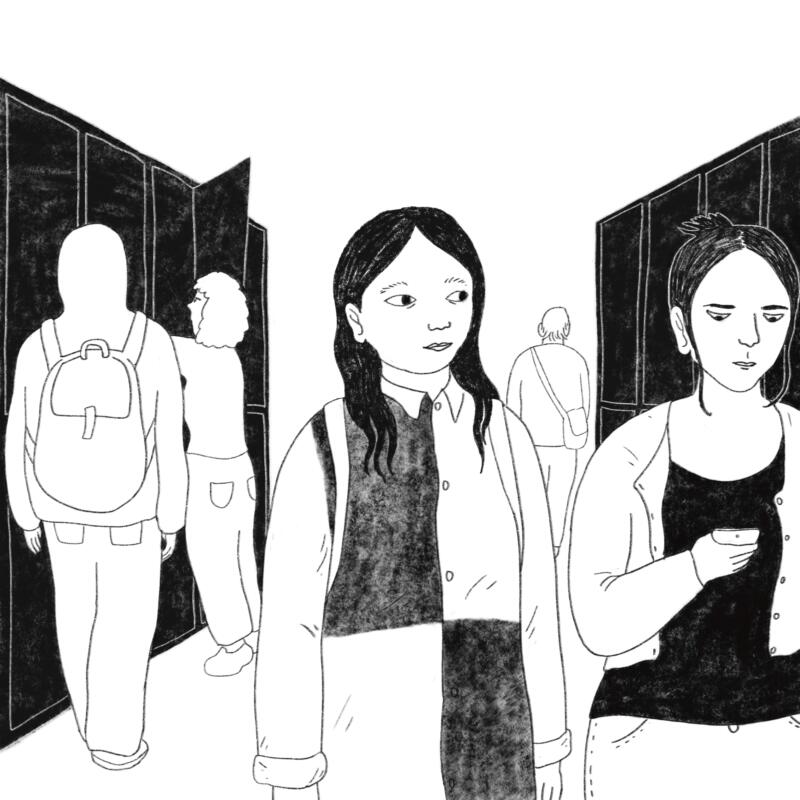 Illustration till Uppdrag Ätstörning. I förgrunden är två unga tjejer, den ena tittar på sin mobiltelefon och den andra sneglar bort mot något vi inte kan se. I bakgrunden skymtar en skolmiljö och ungdomar som rör sig.
