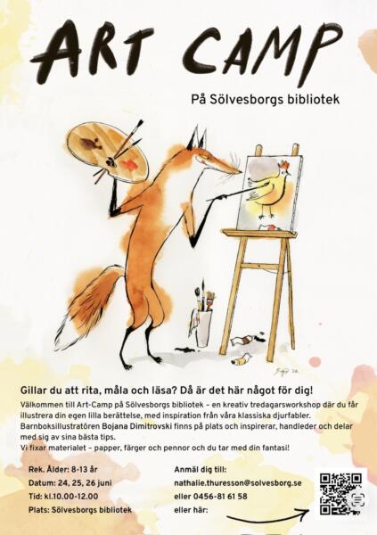 Watercolor and ink illustration of a fox who is painting a chicken on canvas