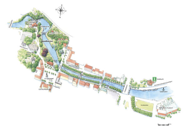 Illustrationskarta i akvarellteknik över stadspark Hasselbacken och mynningen av Bäveån med omgivande platser som Bohusläns museum och Kungstorget i Uddevalla