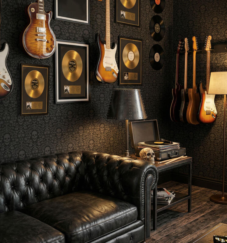 Inredning med rock´n roll och tapet med dödskallar på