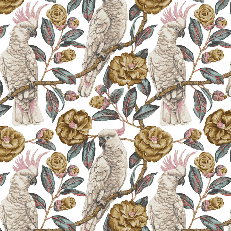 Handtecknat mönster av ett par kakaduor omgivna av kameliablommor och blad.  Softa färger i rosa, turkos, senap och grågrönt. Ett harmoniskt och tilltalande mönster för bäddset, gardiner, kuddar et.c.