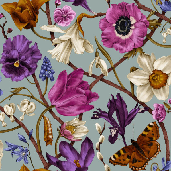 En mönsterdesign med vårblommor såsom tulpan, krokus, pingstlilja, snödroppe, viol, videung, scilla, löjtnantshjärta, iris, backsippa samt en fjäril och puppa.