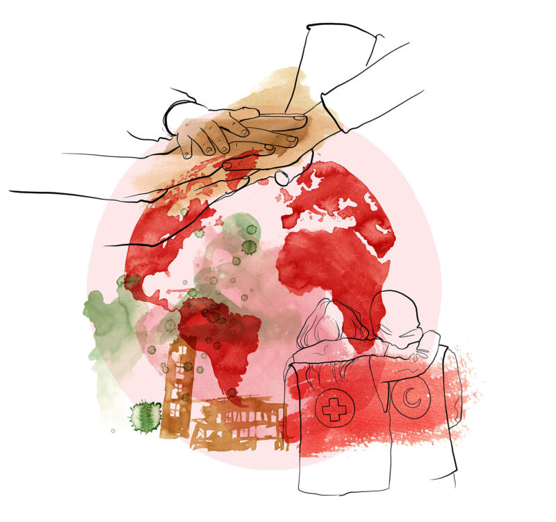 Illustration i akvarell till Röda korset. Illuastrationen föreställer en jordglob med händer på och ska illustrera gemenskap och samarbete