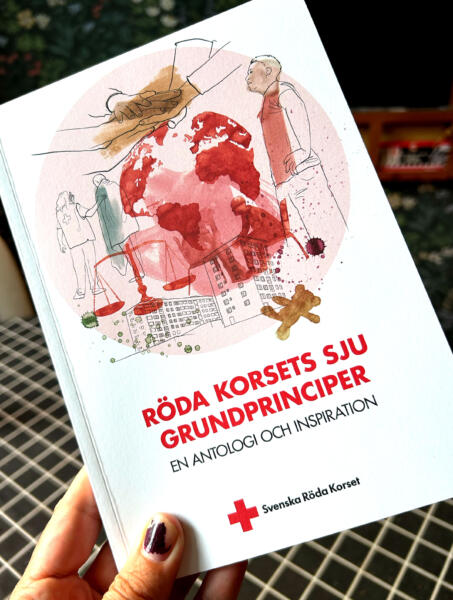 Illustration föreställande hus, jordglob, katastrof och hjälparbetare till röda korset.