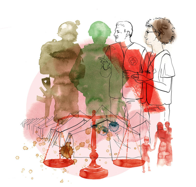 Illustration av röda korsetarbetare som pratar med militärer