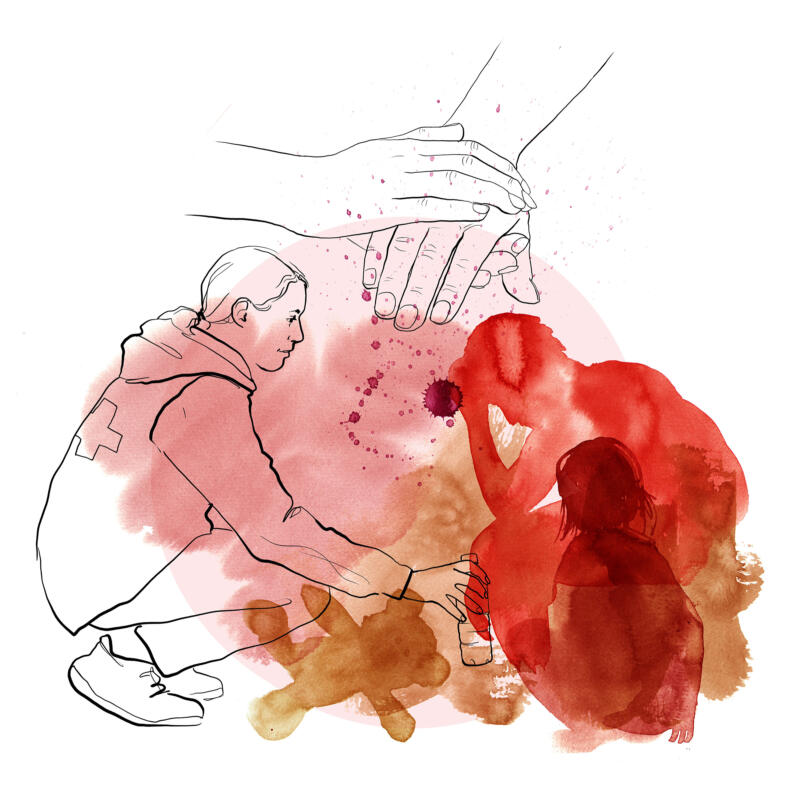 Illustration i akvarell av en hjälparbetare som ger vatten till en pappa med sitt barn bredvid. Illustrationen är i färgerna rött, rosa och brunt.