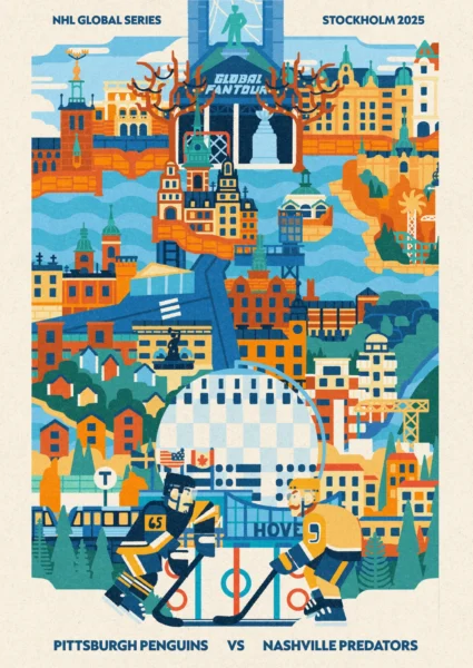 Illustration in greens, blues and reds / yellows depicting Stockholm from Globen to Kungsträdgården with two hockey players in the foreground.
