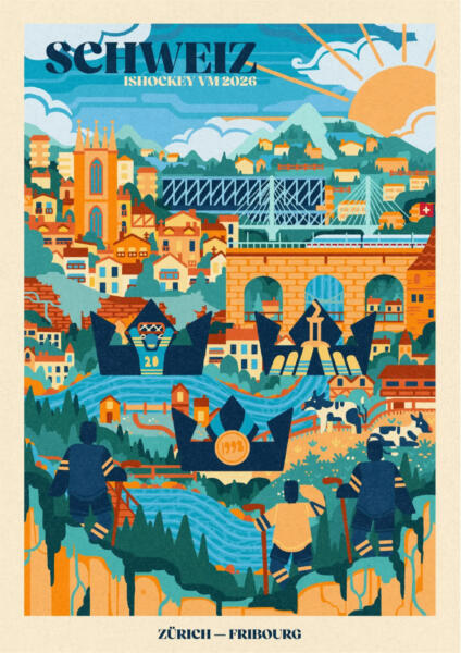 Illustration depicting Fribourg, Schweiz in bright colours & a geometric style with silhouettes of hockey players looking out over the landscape.