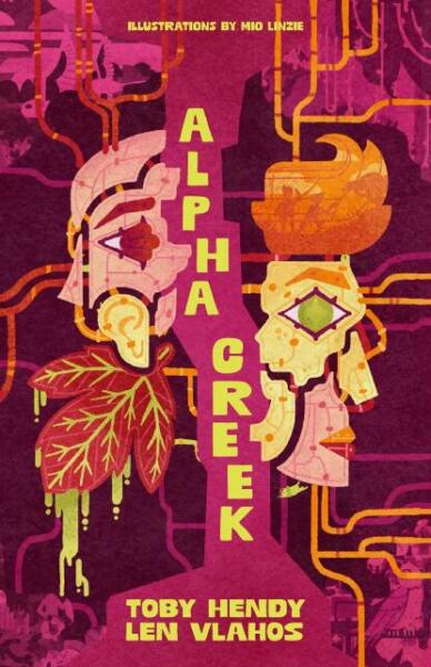 Book cover with the title ’Alpha Creek’ in the middle of two robot faces split up in panels with wires coming out of them against a dark-purple background with illustrations in the corners.