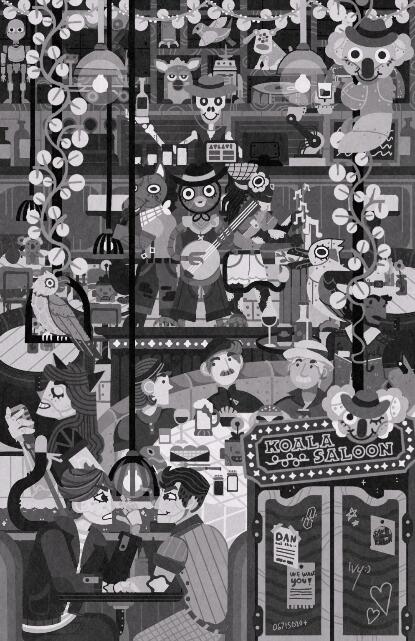 Black and white illustration of a busy saloon full of people enjoying themselves, different types of robots and technology, with animatronic robots performing music in the middle. 