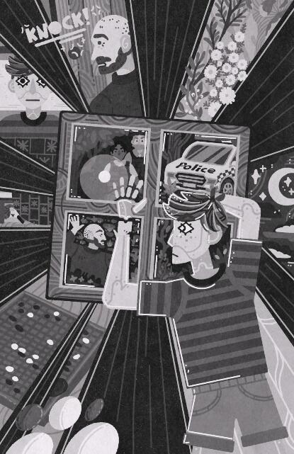 Black and white illustration of a boy looking out of a window where police are investigating — in the light emitting from the window different scenes can be seen. 