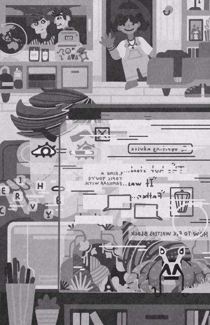 Black and white illustration of a boy writing on a futuristic tablet in his bedroom with a hermitcrab tank in the foreground where reflections from his tablet can be seen.
