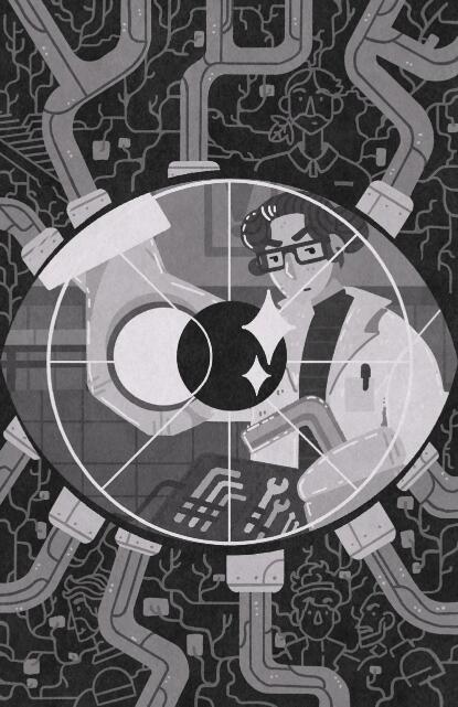 Black and white illustration of an eye surrounded by wires and cables. In the eye, there is a doctor with a flashlight and allen key looking at us. 