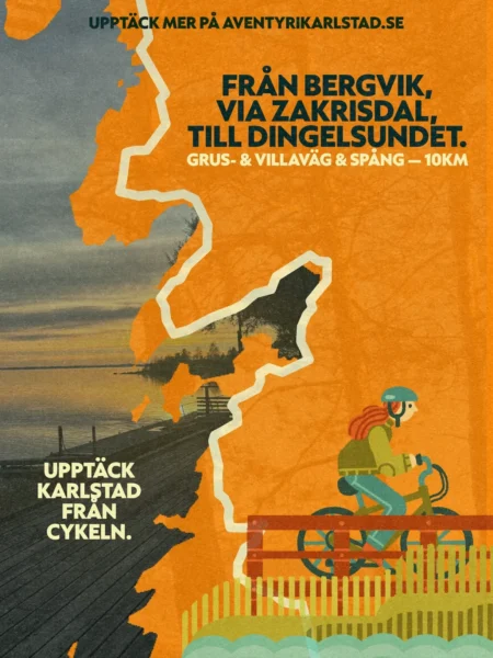 Graphic with a map over part of Karlstad in orange with a bike route drawn on top. On the left a landscape photograph can be seen, and in the right bottom corner there is an illustrated cyclist.