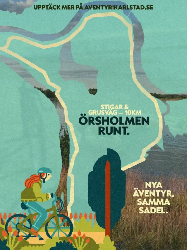 Graphic with a map over part of Karlstad in teal with a bike route drawn on top. In the background a landscape photograph can be seen, and in the left bottom corner there is an illustrated cyclist. 