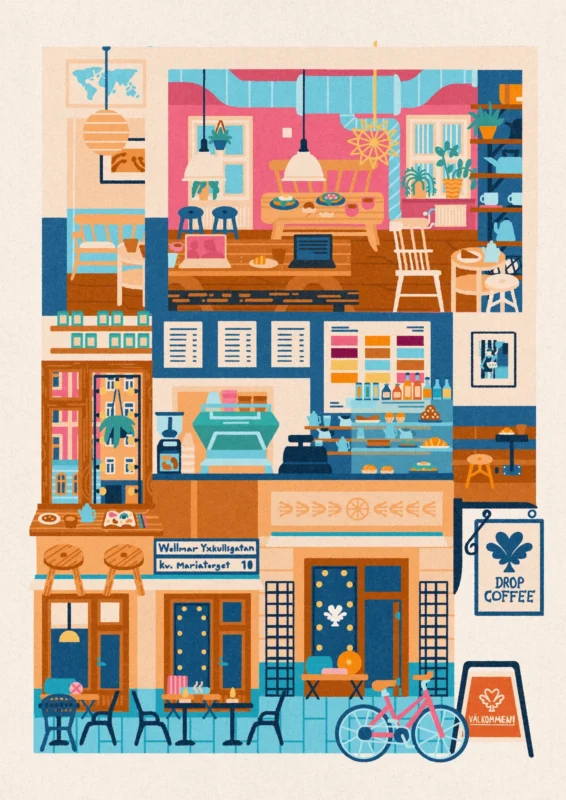 Illustration in blues, browns and pinks depicting both the exterior and interior of a coffee shop in a geometric + stylized composition.