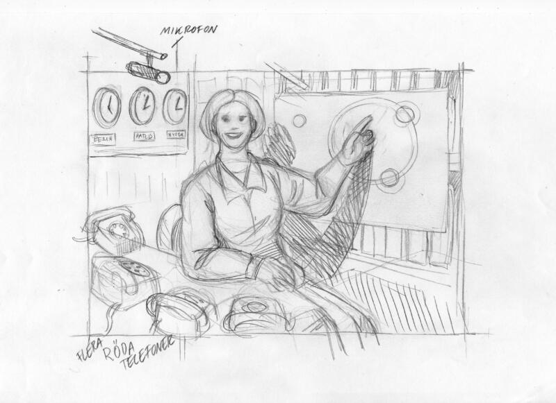 Preliminary black and white pencil sketch by Swedish illustrator Nils-Petter Ekwall . Concept development for an editorial illustration created in Adobe Illustrator. The sketch depicts a female researcher presenting her work in an academic environment, with visual elements such as a world clock and several phones indicating global communication, accessibility, and international research. Early stage idea drawing for publication and editorial design.