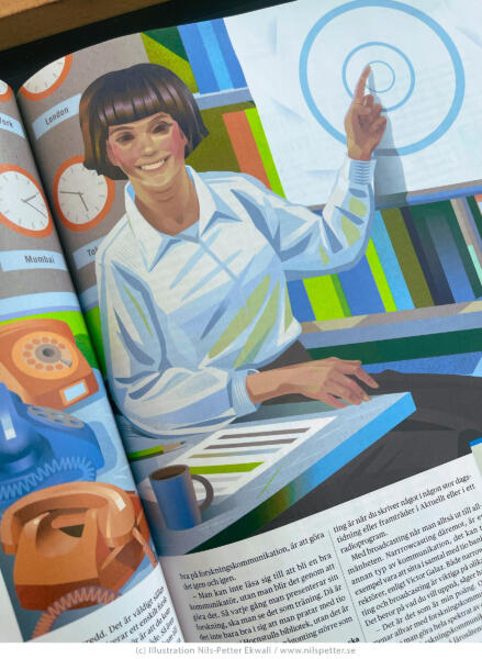 Printed editorial illustration by Swedish illustrator Nils-Petter Ekwall. Final magazine artwork created in Adobe Illustrator - depicting a female researcher presenting her work in a modern academic setting. The illustration explores themes of global communication, accessibility and international research.