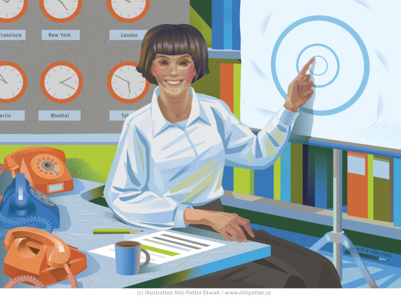 Editorial illustration by Nils-Petter Ekwall, Sweden. Colorful conceptual artwork created in Adobe Illustrator depicting a female researcher presenting her work in a modern academic environment. The scene includes global time zones shown through a world clock and multiple phones, symbolizing international research communication, accessibility, and digital connectivity in higher education and academia.