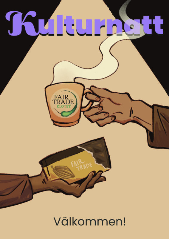 Två händer tillhörande people of color håller i en kopp kaffe med KLOTETs logo på, respektive en fair trade märkt choklad i den andra handen.  Stilen är simpel men stämningen är mysig. 