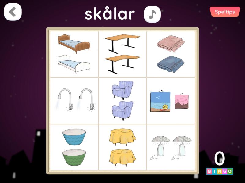 Screenshot from an example of a game board with nine squares with different things in them. From the app Aha - one or one? Image from the game.