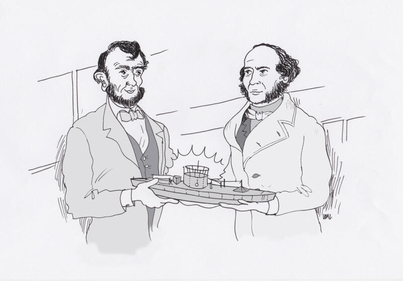 John Ericsson and the ship model "Monitor" and President Abraham Lincoln. 