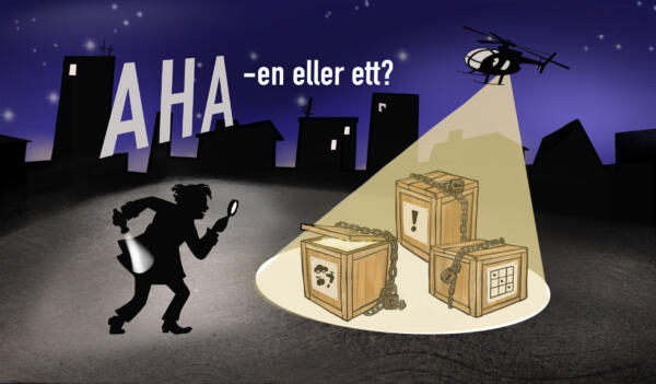 Digital illustration av en detektiv utforskar med förstoringsglas och ficklampa tre lådor med kedjor på som ser spännade ut. 