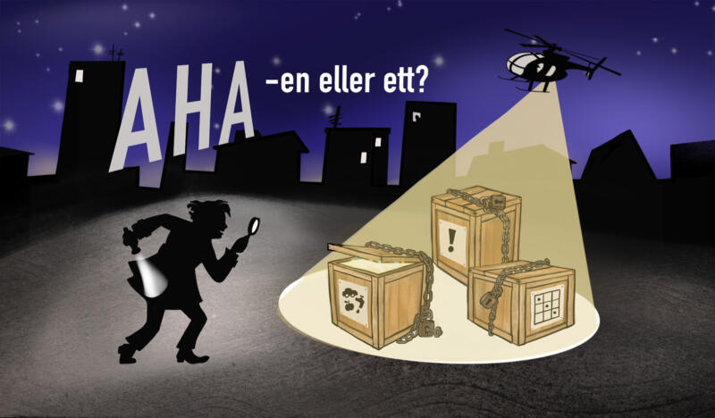 Digital illustration av en detektiv utforskar med förstoringsglas och ficklampa tre lådor med kedjor på som ser spännade ut. 